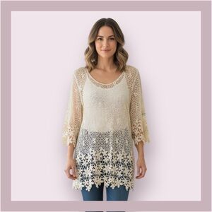 NWT Phase One Sheer Crochet 3/4 Sleeve Tunic Top Size S